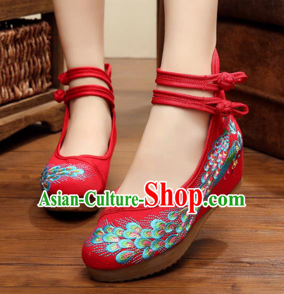 Asian Chinese National Red Embroidered Peacock Shoes, Traditional China Princess Shoes Hanfu Embroidery Shoes for Women
