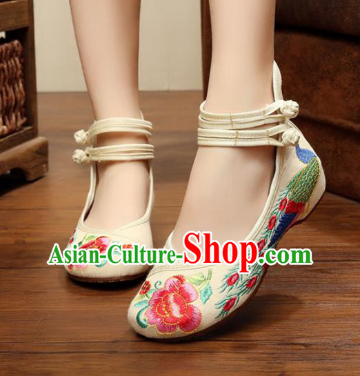 Asian Chinese National Embroidered Peony Phoenix White Shoes, Traditional China Princess Shoes Hanfu Embroidery Shoes for Women