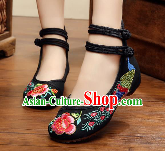 Asian Chinese National Embroidered Peony Phoenix Black Shoes, Traditional China Princess Shoes Hanfu Embroidery Shoes for Women