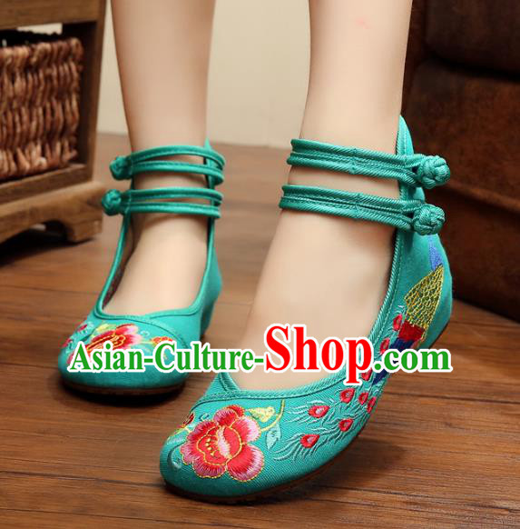 Asian Chinese National Embroidered Peony Phoenix Green Shoes, Traditional China Princess Shoes Hanfu Embroidery Shoes for Women