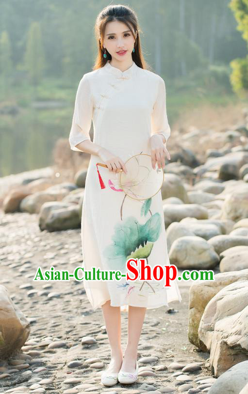 Traditional Chinese National Costume Hanfu Printing Lotus White Qipao, China Tang Suit Cheongsam Dress for Women