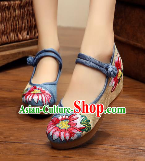 Asian Chinese National Blue Linen Embroidered Shoes, Traditional China Princess Shoes Hanfu Embroidery Shoes for Women