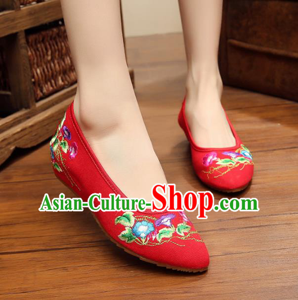 Asian Chinese National Red Embroidered Shoes, Traditional China Princess Shoes Hanfu Embroidery Petunia Shoes for Women