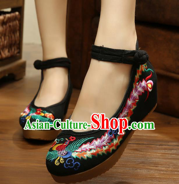 Asian Chinese National Black Embroidered Shoes, Traditional China Princess Shoes Hanfu Embroidery Phoenix Shoes for Women