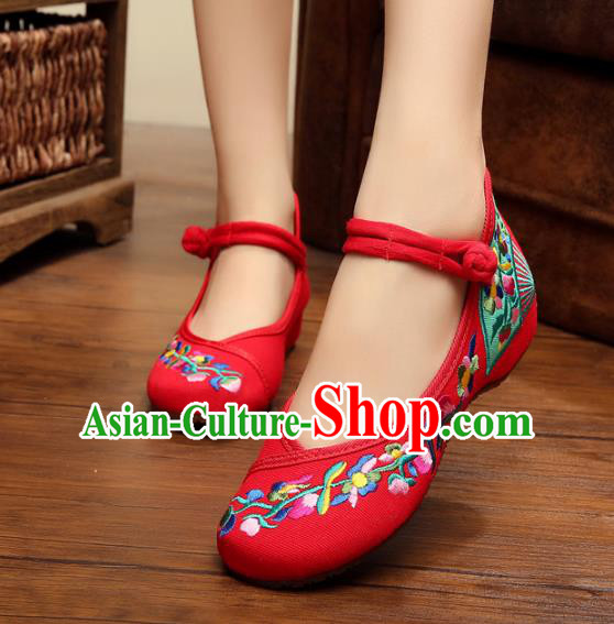 Asian Chinese National Red Canvas Embroidered Shoes, Traditional China Princess Shoes Hanfu Embroidery Shoes for Women