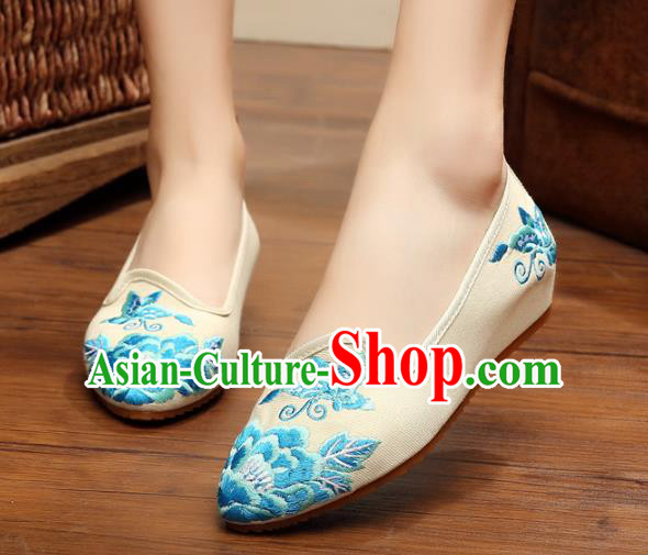 Traditional Chinese National Embroidered Shoes, China Princess Shoes Hanfu Embroidery Peony White Shoes for Women