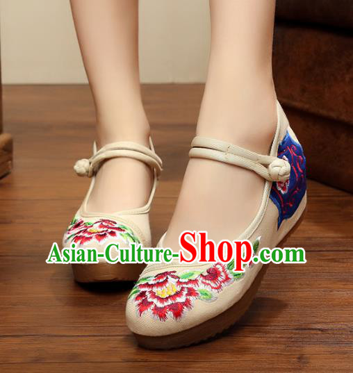 Traditional Chinese National White Linen Embroidered Shoes, China Princess Shoes Hanfu Embroidery Peony Shoes for Women