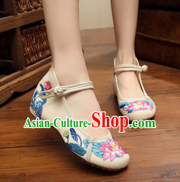 Traditional Chinese National White Linen Embroidered Shoes, China Princess Shoes Hanfu Embroidery Lotus Shoes for Women