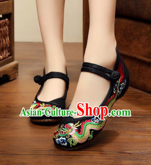 Traditional Chinese National Black Satin Embroidered Lotus Shoes, China Princess Shoes Hanfu Embroidery Dragons Shoes for Women