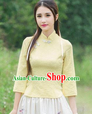 Traditional Chinese National Costume Hanfu Plated Buttons Yellow Blouse, China Tang Suit Cheongsam Upper Outer Garment Shirt for Women