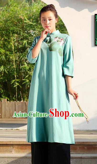 Traditional Chinese National Costume Hanfu Painting Lotus Green Qipao Dress, China Tang Suit Cheongsam for Women