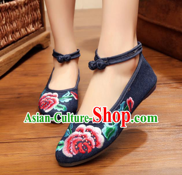 Traditional Chinese National Embroidered Peony Navy Shoes, China Princess Embroidery Shoes for Women