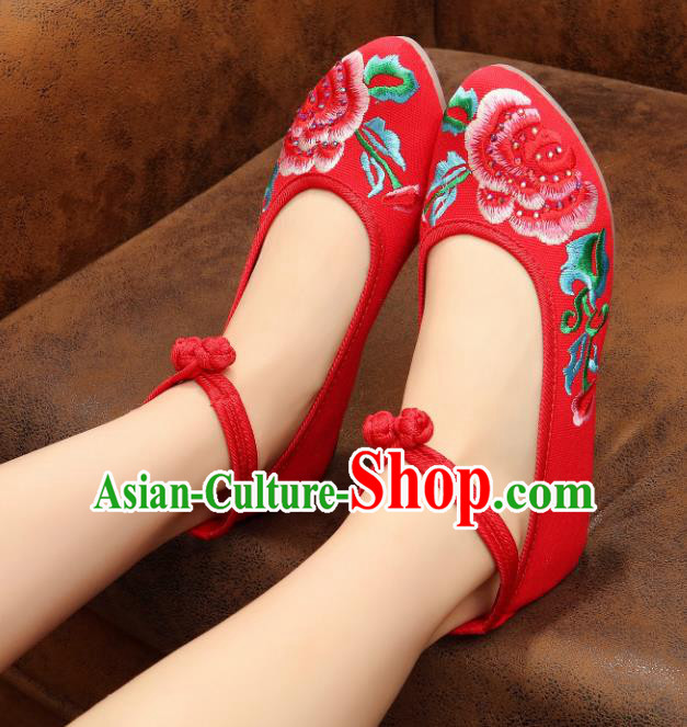 Traditional Chinese National Embroidered Peony Red Shoes, China Princess Embroidery Shoes for Women