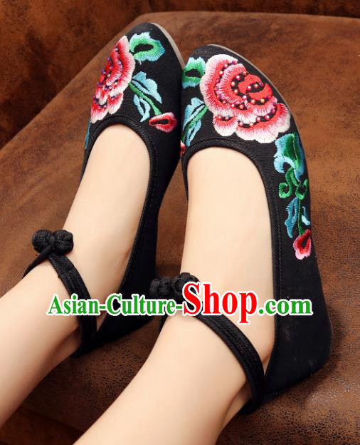 Traditional Chinese National Embroidered Peony Black Shoes, China Princess Embroidery Shoes for Women