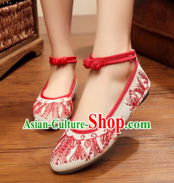 Traditional Chinese National Hanfu Red Embroidered Shoes, China Princess Embroidery Shoes for Women