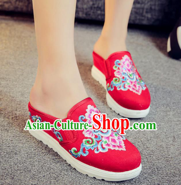 Traditional Chinese National Hanfu Red Embroidered Slippers, China Princess Embroidery Shoes for Women