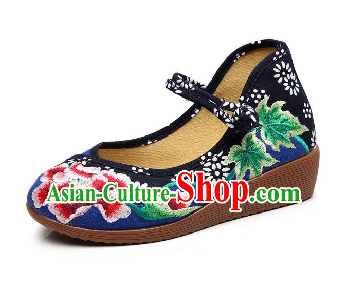 Traditional Chinese National Hanfu Blue Embroidered Shoes, China Princess Embroidery Peony Shoes for Women