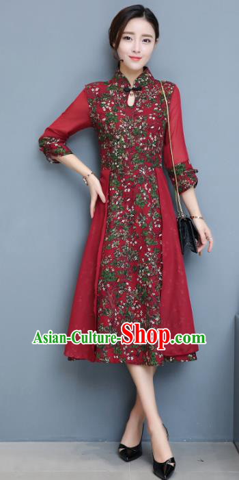 Traditional Chinese National Costume Hanfu Red Stand Collar Qipao Dress, China Tang Suit Cheongsam for Women