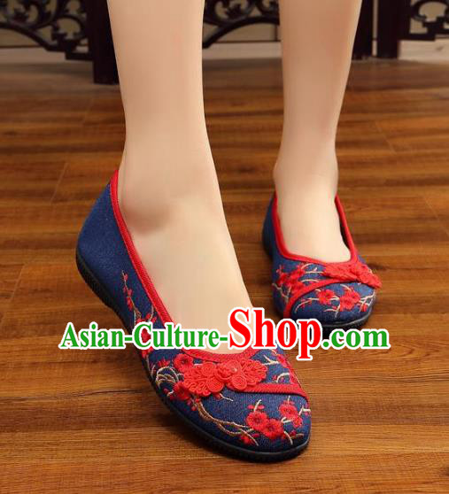 Traditional Chinese National Hanfu Wedding Navy Embroidered Shoes, China Princess Embroidery Wintersweet Shoes for Women