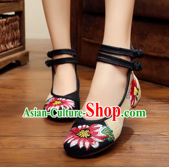 Traditional Chinese National Black Linen Embroidered Shoes, China Princess Shoes Hanfu Embroidery Flower Shoes for Women