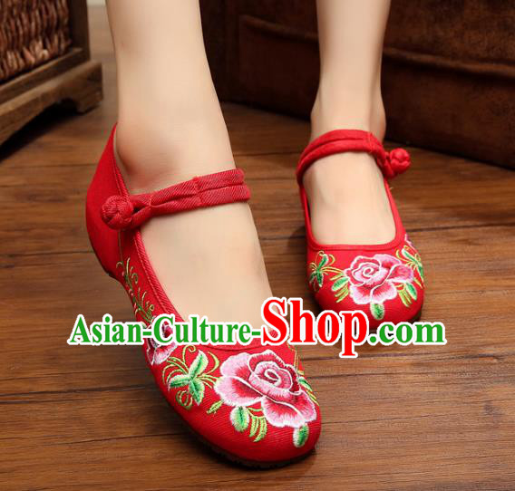 Traditional Chinese National Hanfu Shoes Red Embroidered Peony Shoes, China Princess Shoes Embroidery Shoes for Women