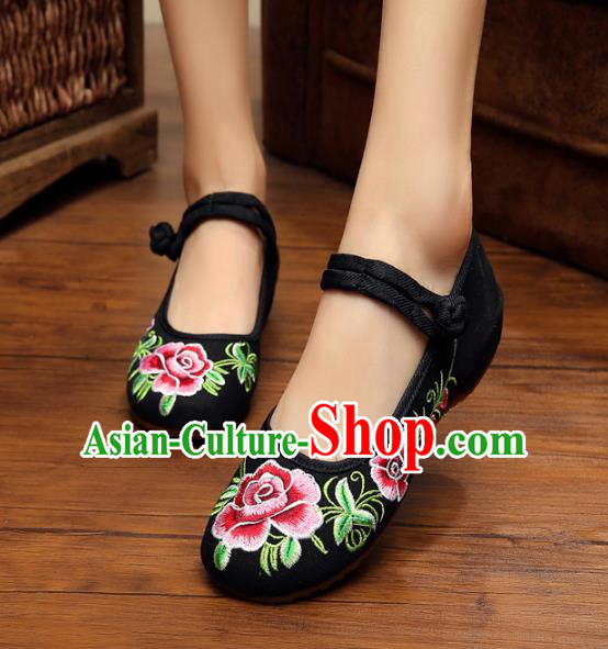 Traditional Chinese National Hanfu Shoes Black Embroidered Peony Shoes, China Princess Shoes Embroidery Shoes for Women