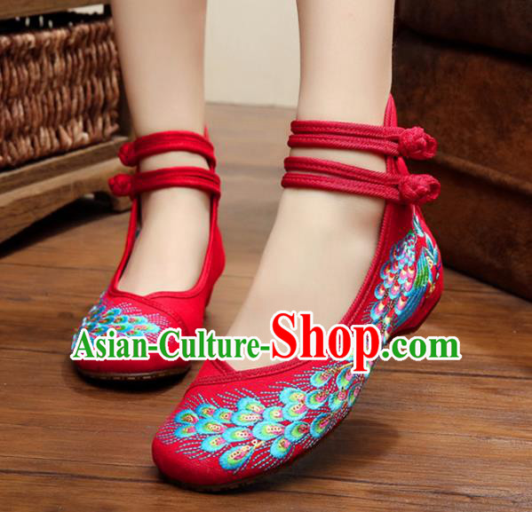 Traditional Chinese National Hanfu Thin Shoes Red Embroidered Shoes, China Princess Embroidery Peacock Shoes for Women