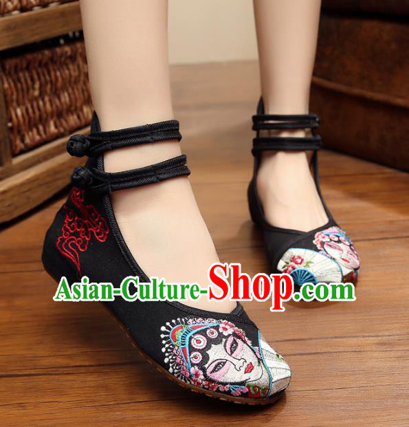 Traditional Chinese National Hanfu Shoes Black Canvas Embroidered Shoes, China Princess Embroidery Shoes for Women