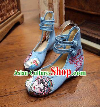 Traditional Chinese National Hanfu Shoes Blue Canvas Embroidered Shoes, China Princess Embroidery Shoes for Women
