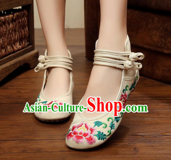 Traditional Chinese National Hanfu Shoes Embroidered Peony Shoes, China Princess White Embroidery Shoes for Women