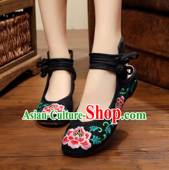 Traditional Chinese National Hanfu Shoes Embroidered Peony Shoes, China Princess Black Embroidery Shoes for Women