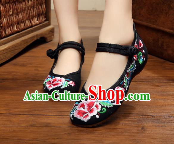 Traditional Chinese National Black Canvas Shoes Embroidered Peony Shoes, China Princess Embroidery Shoes for Women