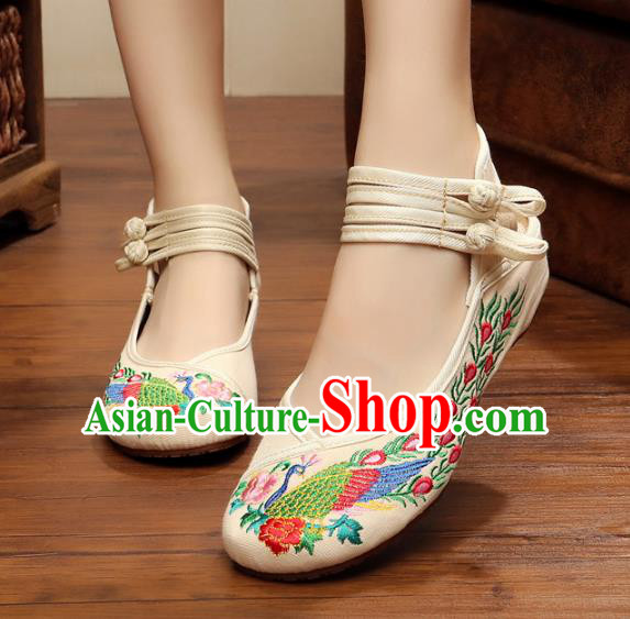 Traditional Chinese National White Embroidered Shoes, China Princess Embroidery Phoenix Peony Shoes for Women