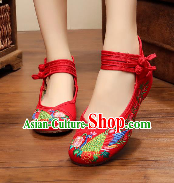 Traditional Chinese National Red Embroidered Shoes, China Princess Embroidery Phoenix Peony Shoes for Women