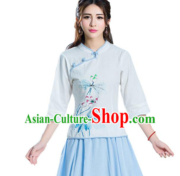 Traditional Chinese National Costume Hanfu Painting Lotus Blouse, China Tang Suit Cheongsam Upper Outer Garment Shirt for Women