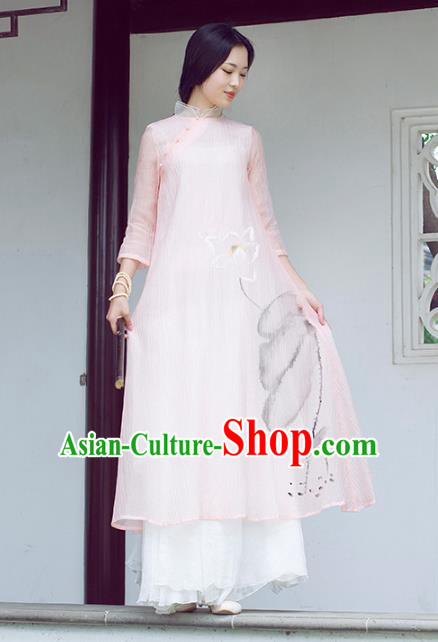 Traditional Chinese National Costume Hanfu Ink Painting Lotus Pink Qipao Dress, China Tang Suit Cheongsam for Women