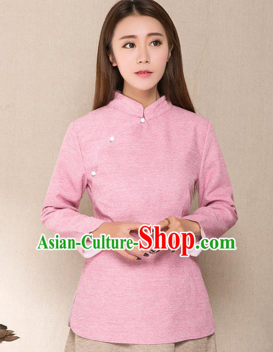 Traditional Chinese National Costume Hanfu Slant Opening Pink Blouse, China Tang Suit Cheongsam Upper Outer Garment Shirt for Women