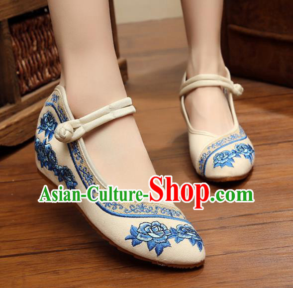 Traditional Chinese National White Hanfu Linen Embroidered Shoes, China Princess Shoes Embroidery Flowers Shoes for Women