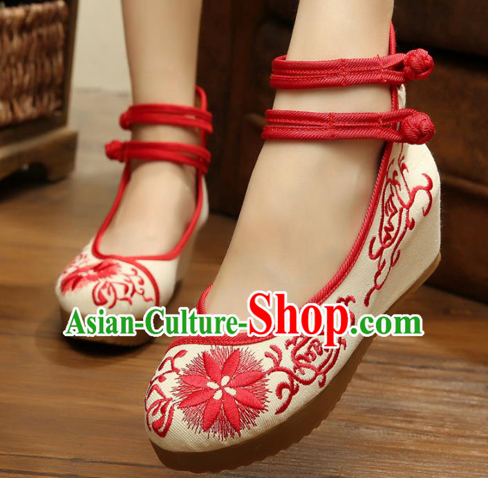 Traditional Chinese National Hanfu Linen Embroidered Shoes, China Princess Shoes Embroidery Red Shoes for Women