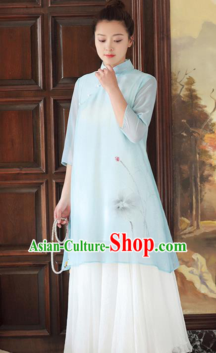 Traditional Chinese National Costume Hanfu Printing Lotus Blue Qipao Dress, China Tang Suit Cheongsam for Women