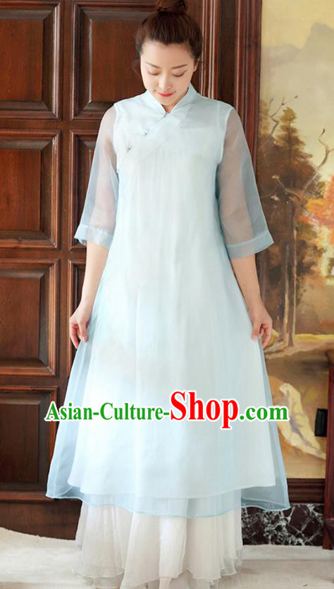 Traditional Chinese National Costume Hanfu Slant Opening Blue Qipao Dress, China Tang Suit Cheongsam for Women