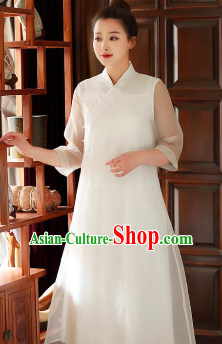 Traditional Chinese National Costume Hanfu Slant Opening White Qipao Dress, China Tang Suit Cheongsam for Women