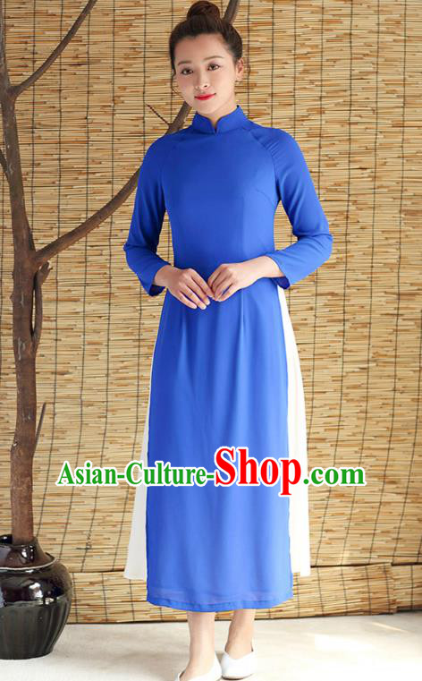 Traditional Chinese National Costume Hanfu Blue Qipao Dress, China Tang Suit Cheongsam for Women