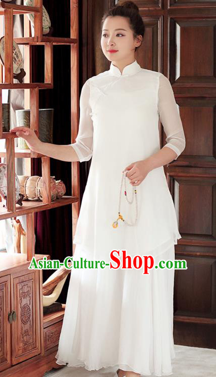 Traditional Chinese National Costume Hanfu White Qipao Dress, China Tang Suit Cheongsam for Women