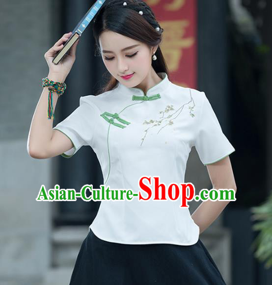 Traditional Chinese National Costume Hanfu Embroidery White Blouse, China Tang Suit Cheongsam Upper Outer Garment Shirt for Women