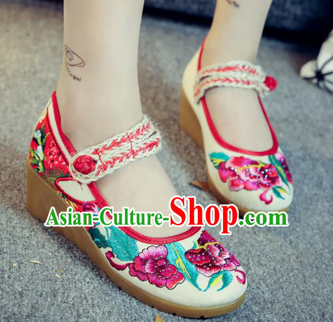 Traditional Chinese National Hanfu White Linen Embroidered Shoes, China Princess Embroidery Peony Shoes for Women