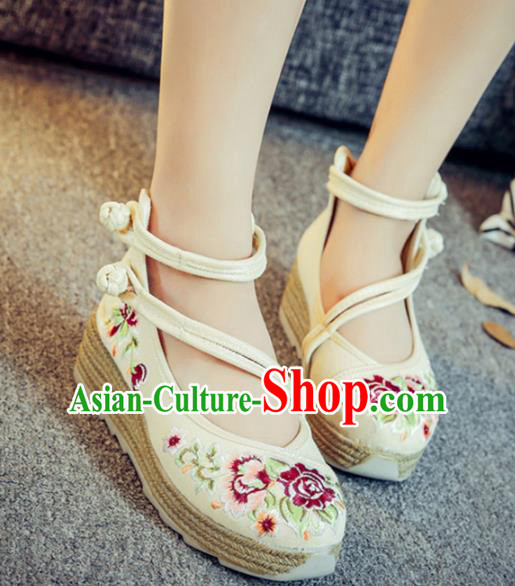 Traditional Chinese National Hanfu White Linen Embroidered Shoes, China Princess Embroidery Peony Shoes for Women