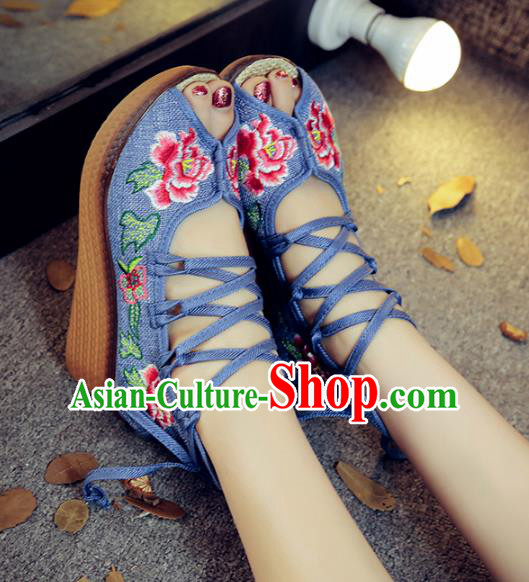 Traditional Chinese National Hanfu Blue Embroidered Shoes, China Princess Embroidery Peep-toe Shoes for Women