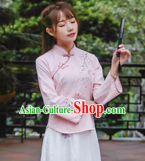 Traditional Chinese National Costume Hanfu Pink Embroidered Qipao Blouse, China Tang Suit Cheongsam Upper Outer Garment Shirt for Women
