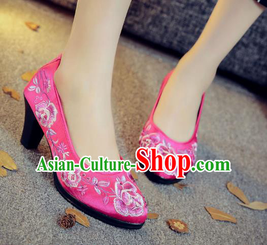 Traditional Chinese National Hanfu Rosy Embroidered Shoes, China Princess Embroidery Peony High-heeled Shoes for Women